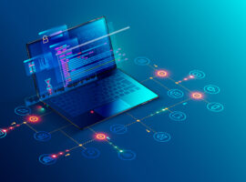 Software, web development, programming concept. Abstract Programming language and program code on screen laptop. Laptop and icons company network . Technology process of Software development