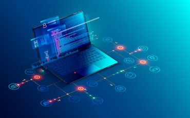 Software, web development, programming concept. Abstract Programming language and program code on screen laptop. Laptop and icons company network . Technology process of Software development