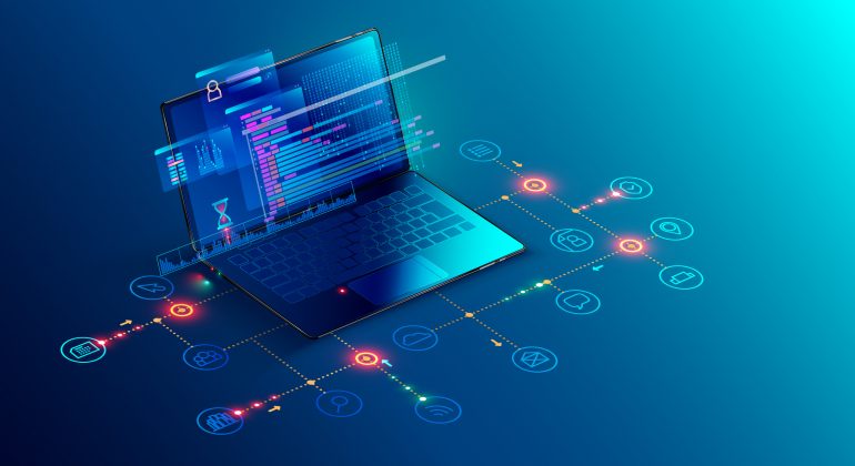 Software, web development, programming concept. Abstract Programming language and program code on screen laptop. Laptop and icons company network . Technology process of Software development