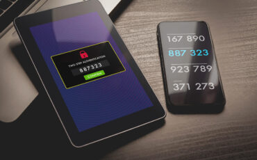 Two step authentication, 2-step Verification SMS code password concept. Smartphone with special 2FA software and tablet pc with multi-factor authentication safety and secure login form